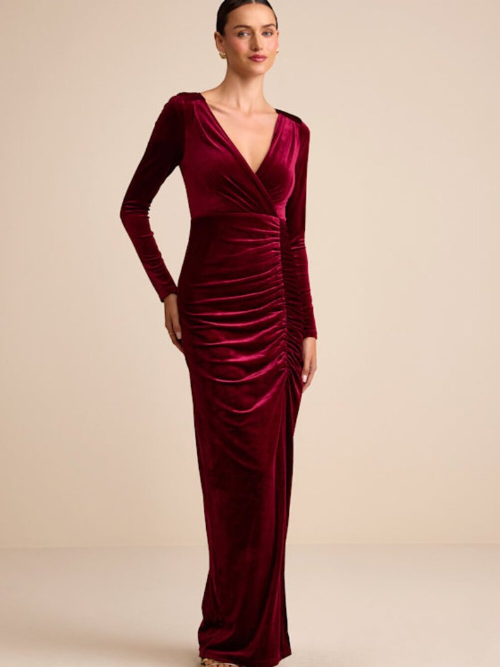 Lulus Yasna Burgundy Velvet Ruched Surplice Long Sleeve Maxi Dress Red - Size L